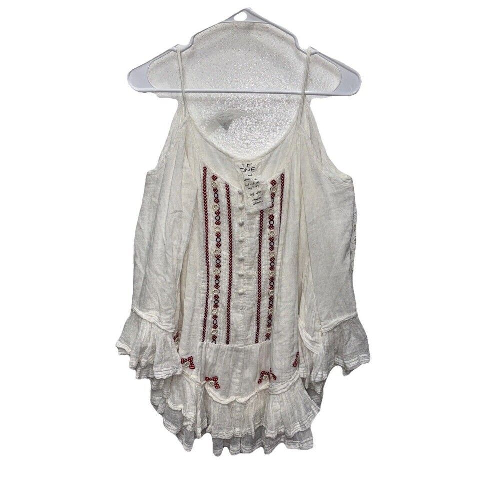 FP ONE Free People Tunic Top Blouse White Red Embroidered Boho XS Oversized